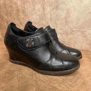 Earth Zanza Black Wedge Heel Mary Jane Clogs Shoes Leather Goth Euro Indie Y2K